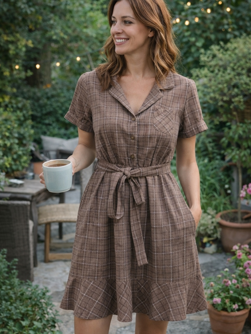 Brown Plaid Tie-Waist Short Sleeve Dress